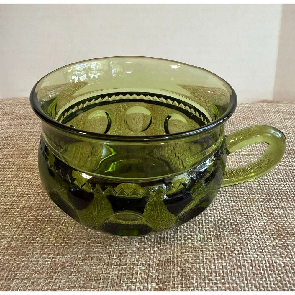 Vintage Avocado Green Pressed Glass Handled Cup Bowl MCM Indiana Glass Style